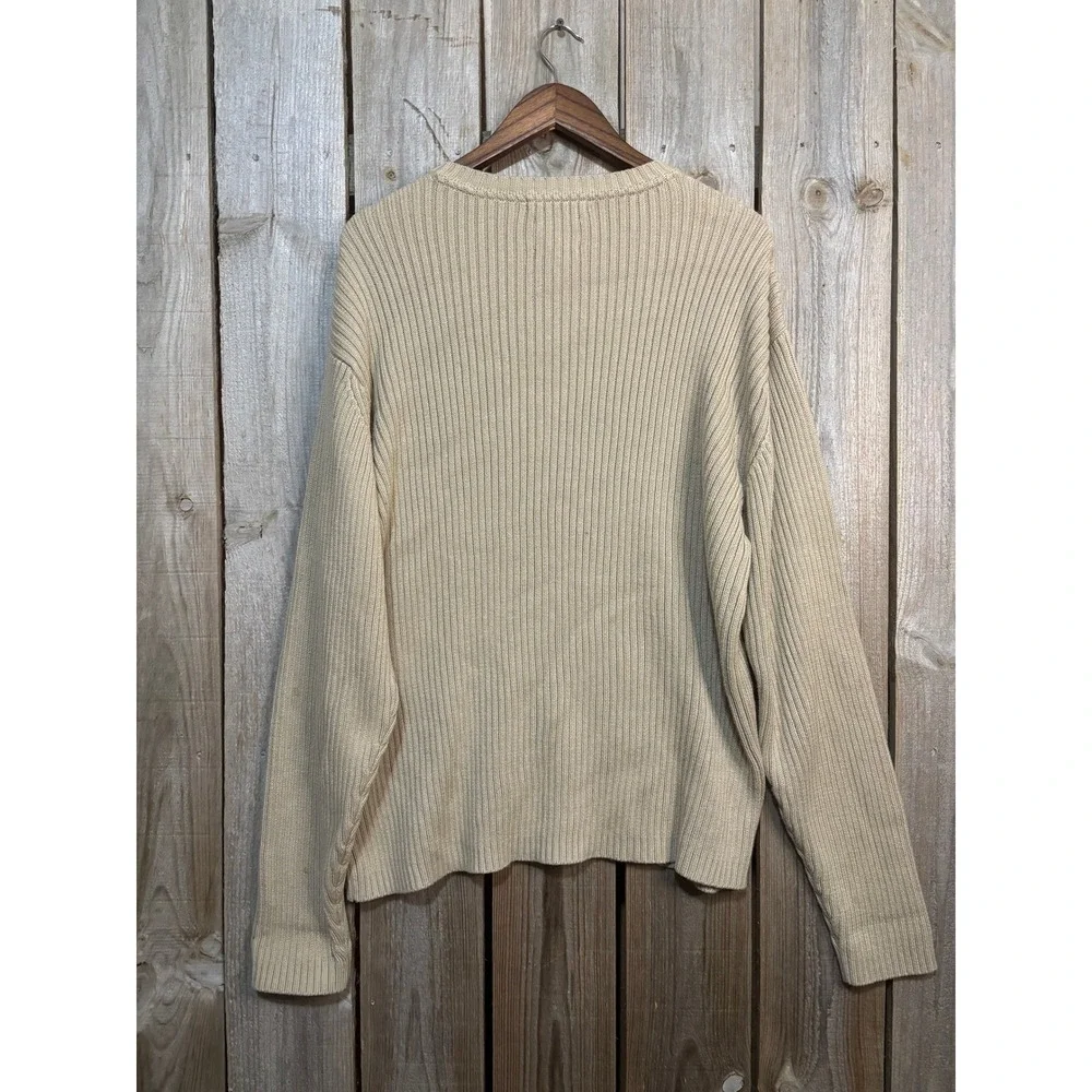 Tommy Hilfiger Mens‎ V-Neck Ribbed Knit Cotton Sweater Tan Beige Logo XL